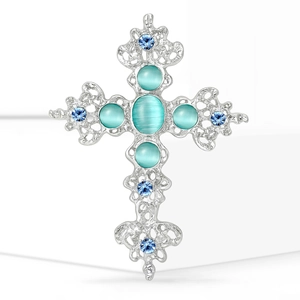 Broche croix élégante en alliage argenté avec pierres œil-de-chat et strass