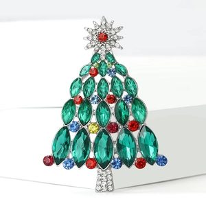 Broche sapin de Noël faite main avec cristaux verts et strass colorés sur métal