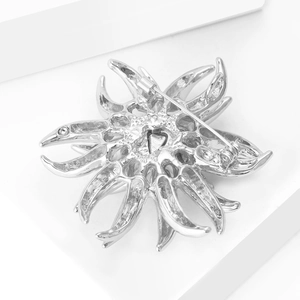 Detail view of the silver alloy firework brooch back with a secure rotating pin clasp
