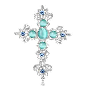 Broche croix vintage en alliage d'argent avec pierres œil de chat et strass bleu foncé