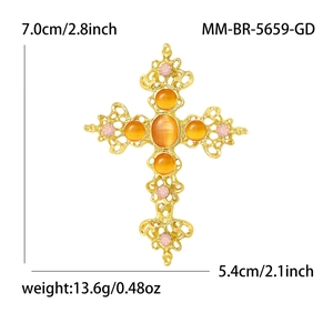 Broche croix vintage en alliage doré avec opales oranges et strass roses 7,0 cm