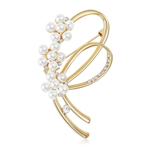Broche élégante en alliage doré ornée de perles blanches rondes et de strass brillants