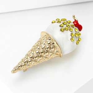 Sweet ice cream brooch with golden cone texture and colorful crystal rhinestones