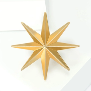 Polished gold eight-pointed star brooch with geometric metal finish and mirror reflection