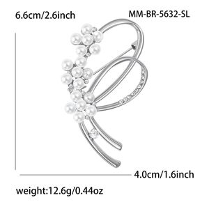 Broche nœud élégante en alliage argenté avec perles et strass pour manteaux de femme, 6,6cm