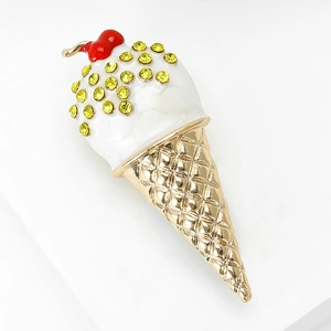 Creative ice cream enamel brooch with yellow rhinestones and gold metal base decor