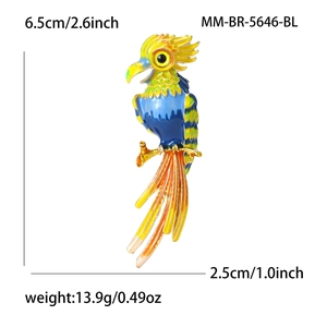 Colorful enamel parrot bird brooch pin with measurement details and alloy metal finish