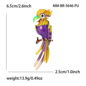 Colorful enamel parrot bird brooch pin with dimensions 6.5cm height and 2.5cm width