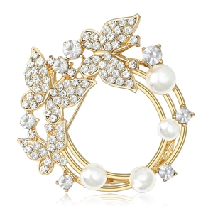 Élégante Broche Couronne Florale Papillon en Alliage Avec Strass et Künstliche Perle de Culture Or Argent Bijoux de Luxe pour Femmes