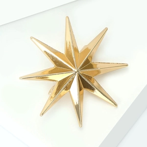 Macro shot of gold octagram brooch with geometric star design on white platform