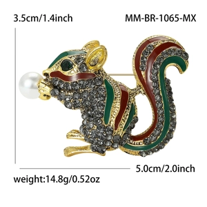 Cute squirrel brooch in gold alloy with grey rhinestones and red green enamel stripes