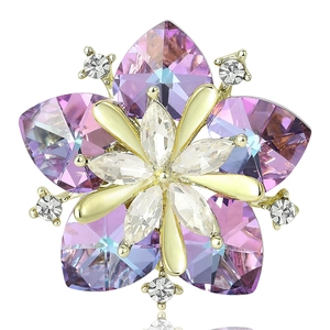 Elegant crystal sunflower brooch in gold alloy featuring purple heart-shaped facets