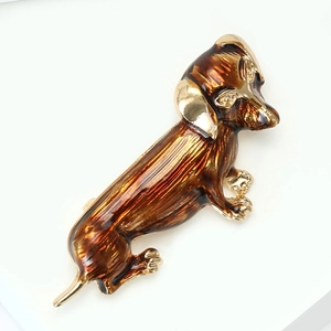 Charming golden dachshund puppy brooch pin with brown enamel finish for pet lovers