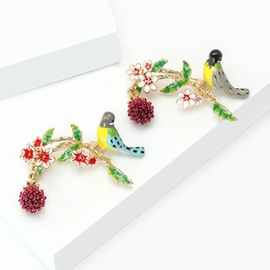 Modisches Emaille-Vogel- und Blumen-Brosche-Set mit Goldlegierung für Damen