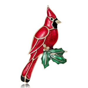 Exquisite Red Cardinal Bird Brooch For Women Alloy Enamel Winter Holly Leaf Christmas Animal Pin Fashion Suit Coat Accessories