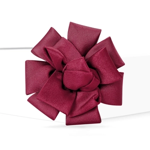 Elegant wine red fabric flower brooch handmade with layered satin for dress decoration
