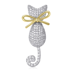 Exquisite Mode Katze Brosche Mit Goldenen Schleife Kupfer Strass Pavé Tier Form Pin Für Damen Kleidung Dekoration