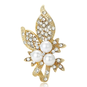Broche Élégante en Alliage Forme Fleur Feuille Pour Femmes Avec Künstliche Perle d'imitation Strass Plaqué Or Argent Accessoires de Mode Bijoux