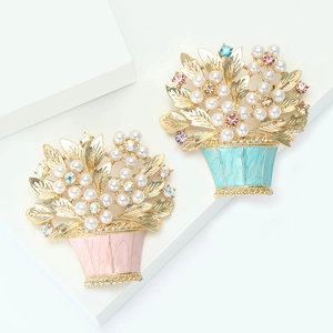 Elegant gold flower basket brooches with white pearls and colorful rhinestones