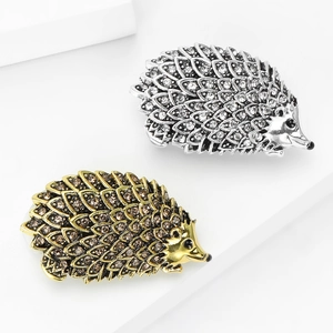 Hedgehog alloy brooches with sparkling rhinestones in gold and silver finishes