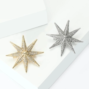 Elegant gold and silver eight-pointed star brooches with sparkling white crystals