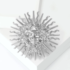 Broche soleil élégante en alliage d'argent poli avec visage en relief 3D minimaliste