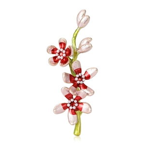 Elegant Enamel Flower Branch Brooch Alloy Floral Pin With Faux Artificial Pearl Accessories For Women Wedding Banquet Party Jewelry