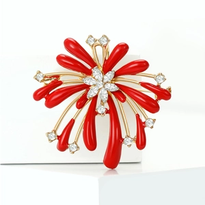 Exquisite gold alloy firework brooch with red enamel and sparkling rhinestones