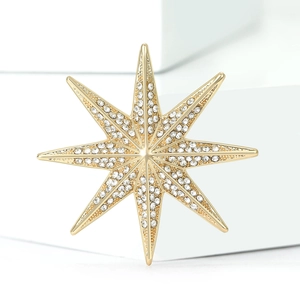 Exquisite gold eight-pointed star brooch with sparkling zircon inlays for women