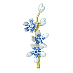 Elegant blue enamel flower branch brooch with pearls on a clean white background