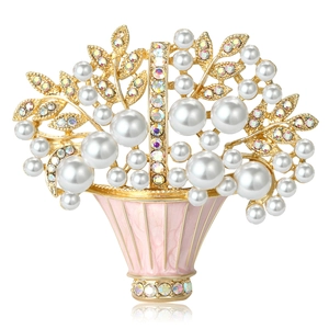 Exquisite Blumenkorb-Brosche mit rosa Emaille, weißen Perlen und funkelnden Kristallen