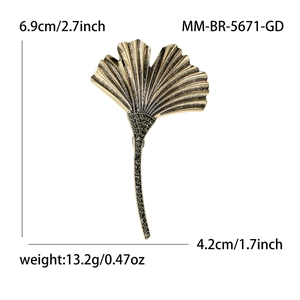 Elegant gold ginkgo leaf brooch with black rhinestones for suits, size 6.9cm by 4.2cm
