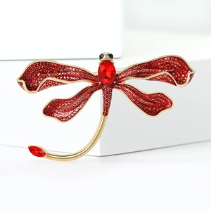 Exquisite red enamel dragonfly brooch with sparkling rhinestones and gold-plated finish