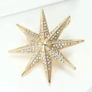 Detailed macro view of the gold starburst brooch featuring shimmering white rhinestones