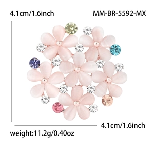 Brosche mit Katzenaugenstein Blumen und bunten Strasssteinen in Roségold-Optik