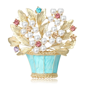 Exquisite Alloy Flower Basket Brooch With Imitation Artificial Pearls And Rhinestones Enamel Corsage Pin For Women Suits Accessories