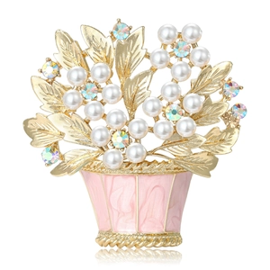 Exquisite gold flower basket brooch with pink enamel, faux pearls and colorful rhinestones