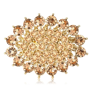 Vintage Luxury Alloy Rhinestone Flower Brooch For Women Elegant Sunburst Oval Pin For Wedding Banquet Party Jewelry Gift