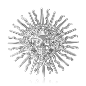Broche élégante en relief de dieu du soleil argenté avec des rayons polis et un emblème