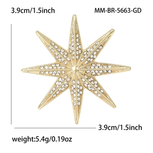 Exquisite eight-pointed star alloy brooch with rhinestones in elegant gold plating