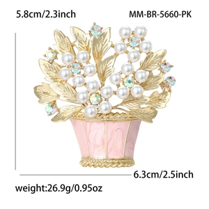 Elegant floral basket brooch with gold finish, white pearls and colorful crystals
