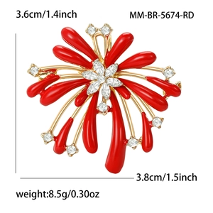 Elegant gold alloy firework brooch with red enamel petals and crystals for women suit