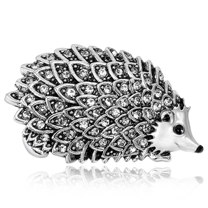 Vintage silver hedgehog brooch with sparkling rhinestones and black enamel accents