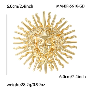 Broche soleil dorée polie de 6 cm de diamètre avec relief 3D pour blazers et pulls femme