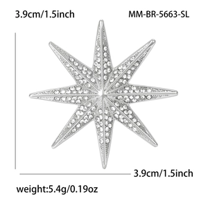 Elegant silver starburst brooch with white rhinestones for women clothing decoration