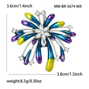 Radial alloy firework brooch with colorful enamel petals and sparkling crystal center