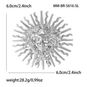 Broche soleil argentée élégante avec relief de visage, accessoire de mode de 6cm de diamètre