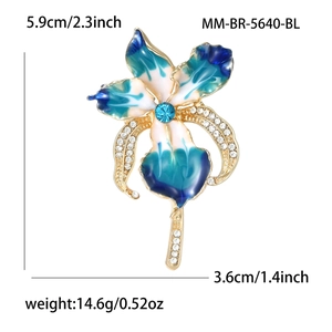 Eleganter Gold-Orchideen-Anstecknadel mit blauen Emaille-Blüten und Glitzer-Strass