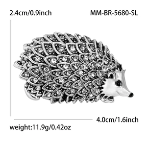 Vintage silver hedgehog alloy brooch with sparkling rhinestones and crystal details