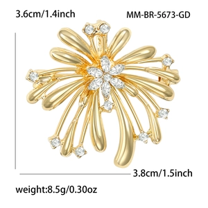 Élégante broche feu d'artifice dorée avec fleurs en zircon de 3,6 cm par 3,8 cm
